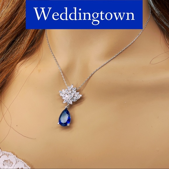 Weddingtown Jewelry - S925 Silver Luxury statement blue sapphire cz necklace drop